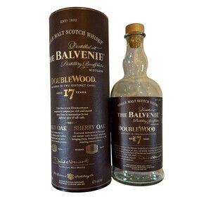 Empty Balvenie DoubleWood 17 Year Single Malt Scotch Whisky Bottle, Tube + Cork